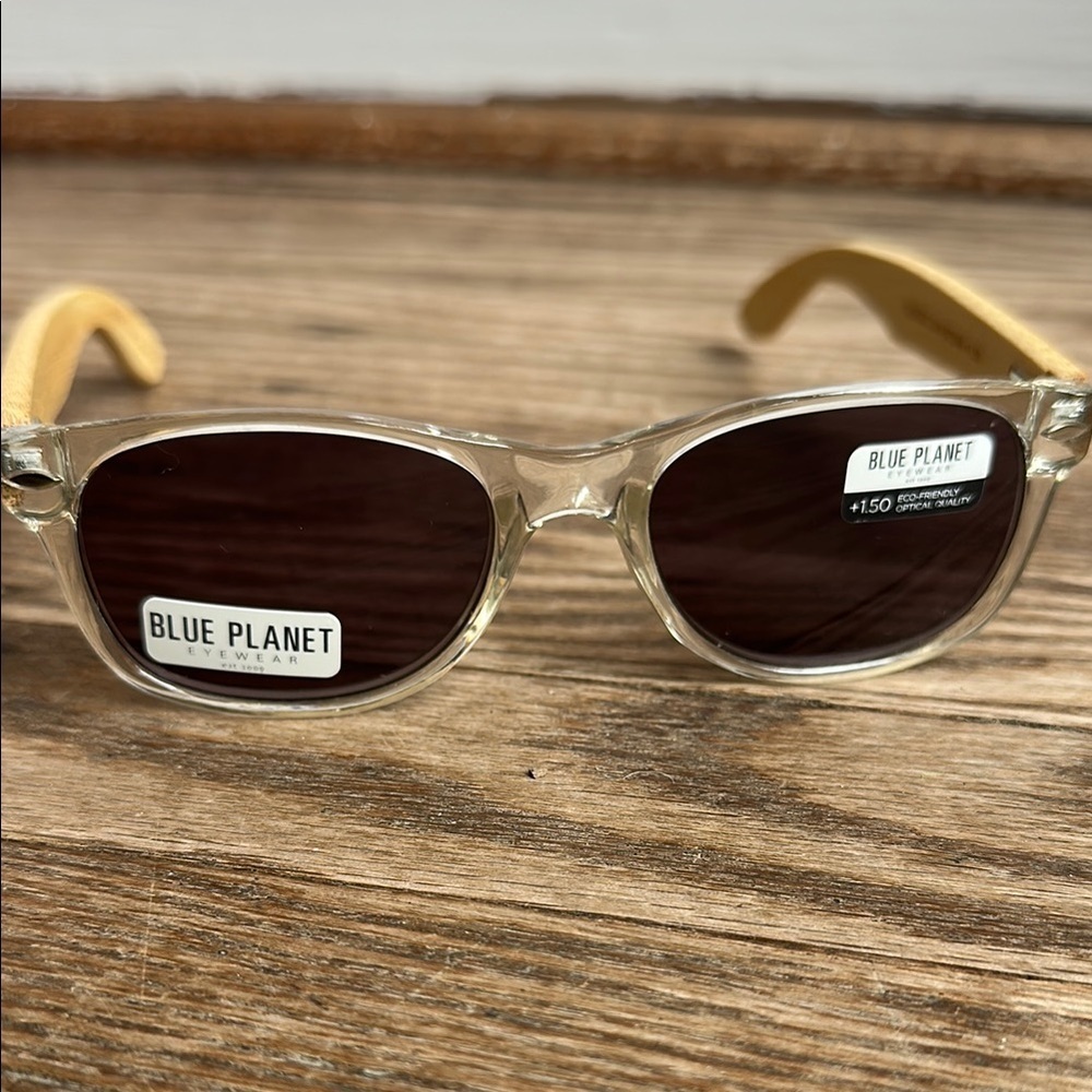 Blue Planet Clear Frame Natural Bamboo + Smoke Polarized Lens NWT readers 1.5